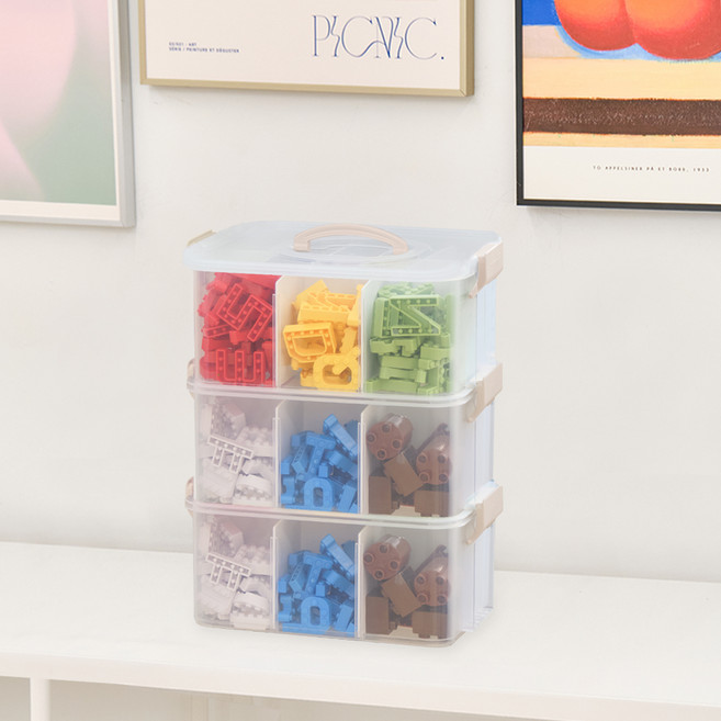플라팜 유아용 레고 장난감 정리함 2호 3단 + 칸막이 풀세트, 베이지, 1세트