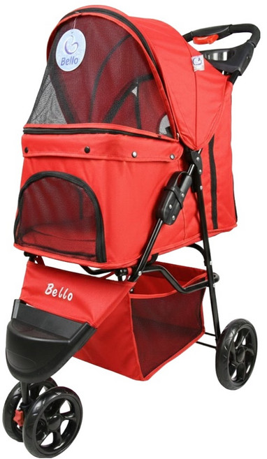 Bello Pets 寵物推車 + 遮雨罩 3輪 1鍵收納, 1個, 紅色