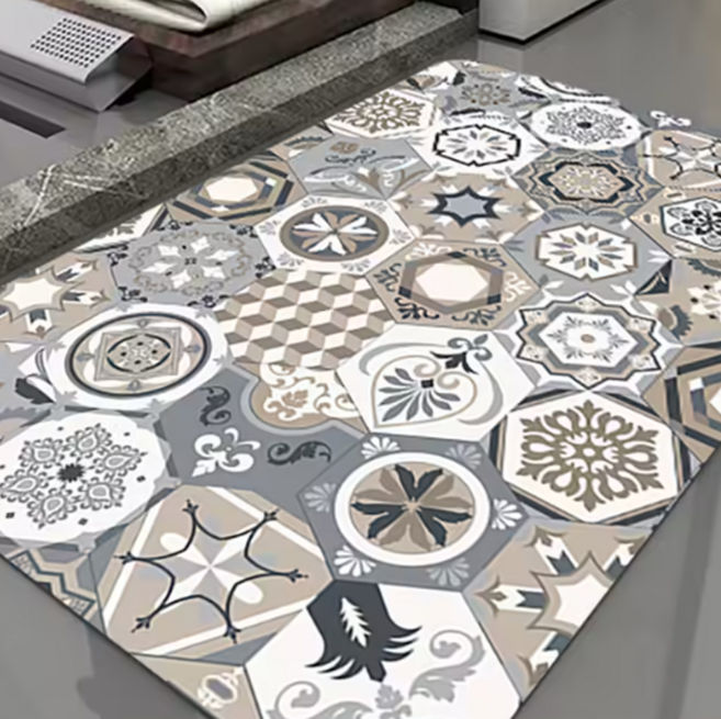 FAmILyLIFE 生活 奈米硅藻土速乾防滑吸水地墊, 六角花磚 灰色 + 白色 + 棕色, 2個