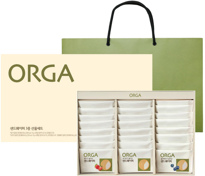 올가홀푸드 샌드웨이퍼 3종 과자선물세트, 요거트 샌드웨이퍼 8p + 딸기 샌드웨이퍼 8p + 블루베리 샌드웨이퍼 8p + 쇼핑백, 1세트