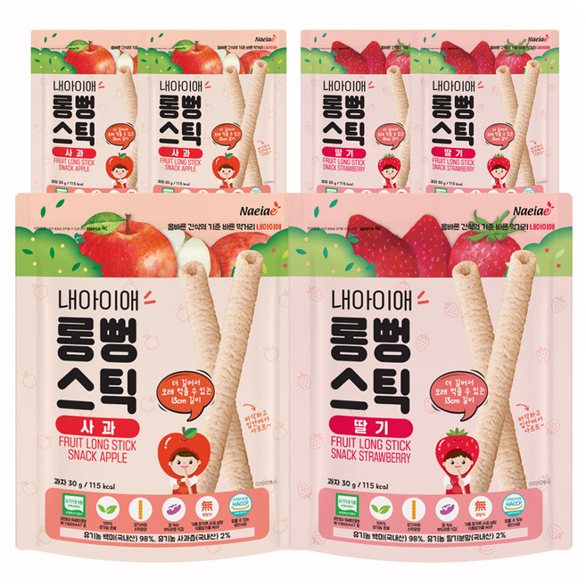 내아이애 유기농 스스로 과일스틱 과자, 사과, 딸기, 180g, 1세트