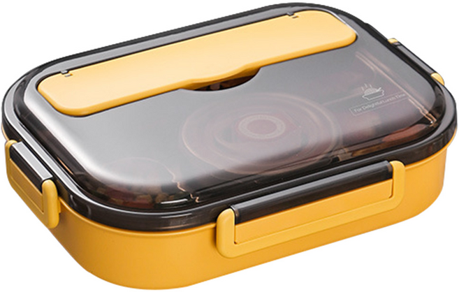 Mega 大款莫蘭迪304不鏽鋼五格便當盒, 304不鏽鋼五格便當盒 + PP保鮮盒蓋 + 不鏽鋼筷子 + 不鏽鋼湯匙 + 不鏽鋼湯碗 + PP湯碗蓋, 黃色, 1組