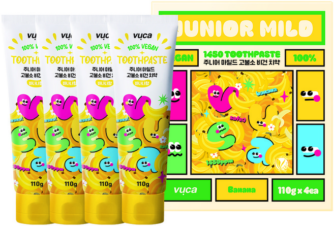 뷰카 주니어 마일드 고불소 비건 치약 바나나향, 110g, 4개