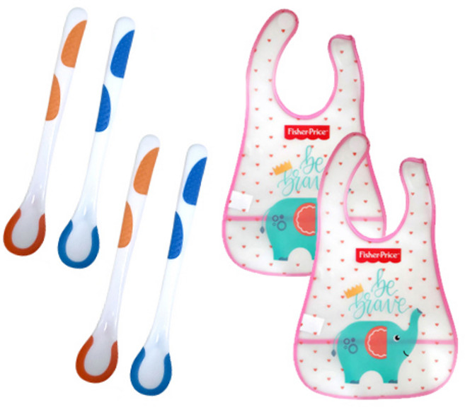 피셔프라이스 온도감지이유 스푼 2종 x 2p + 동물 유아 턱받이 2p 세트, 1세트, 하트코끼리(턱받이)