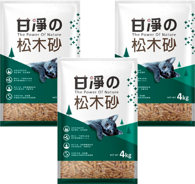 甘淨 貓砂 紮實不易碎 崩解速度快, 4kg, 3袋, 松木