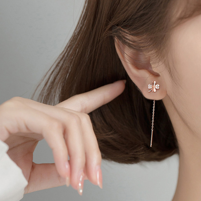Stone Jewelry 925純銀四葉草鏈條耳環