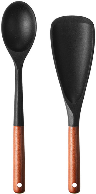 코멧 키친 우드 핸들 실리콘 조리도구 2종 세트, 블랙, 1세트, 볶음 스푼 + 멀티 스푼
