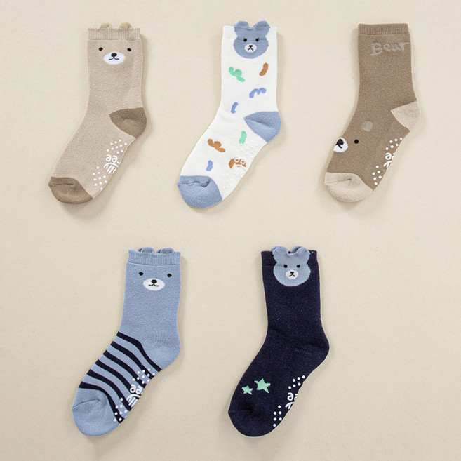 롤리트리 아동용 통파일 도톰한 동물 친구들 방한 양말 5켤레 세트