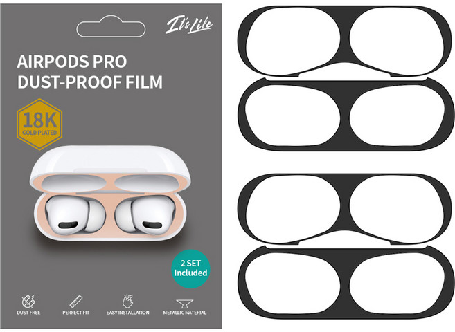 이츠라이프 금도금 에어팟 프로2/프로 철가루 방지스티커 상하 0.02mm, 에어팟프로2/프로, 블랙, 2개