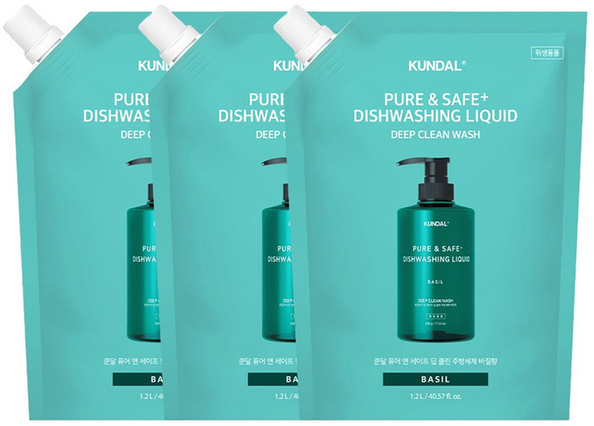 쿤달 퓨어 앤 세이프 딥 클린 주방세제 리필 바질향, 3개, 1.2L