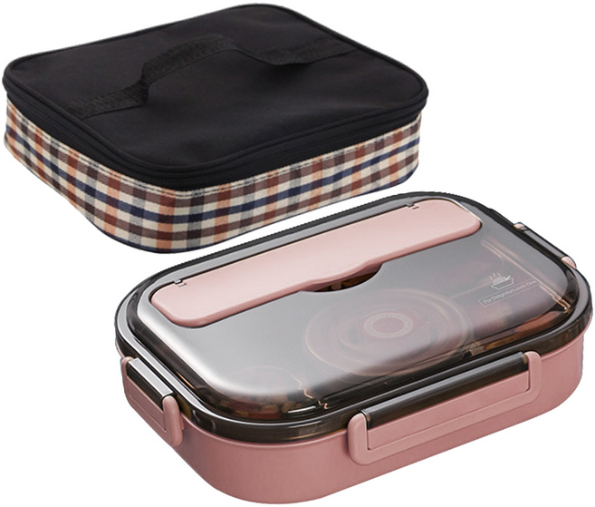 Mega 莫蘭迪304不鏽鋼五格便當盒 大款 31 x 20.5 x 7.5cm, 粉色, 餐具 + 湯碗 + 便當袋, 1組