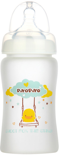 PiYOPiYO 黃色小鴨 矽膠寬口玻璃奶瓶 0歲以上, 白色, 180ml, 1個