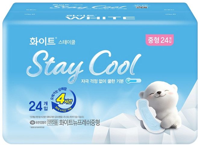 화이트 스테이쿨 생리대 날개형, 중형, 24개입, 1세트