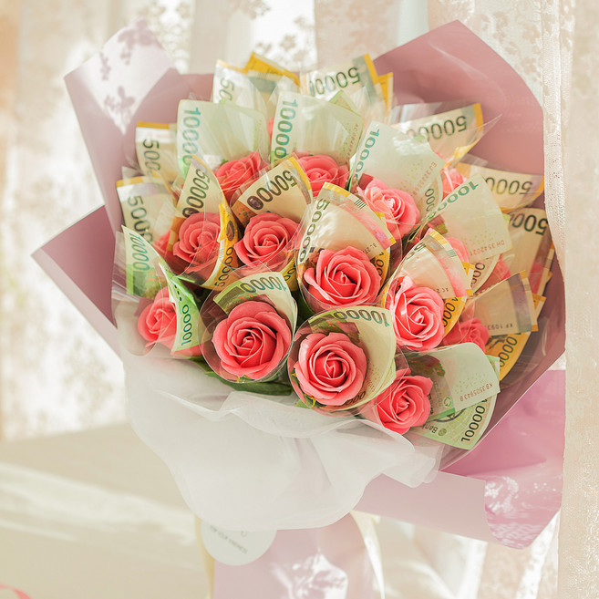 Beautiful Deco Sense 人造香皂花 現金花束 20朵 + 提袋組合, 粉紅色, 1個