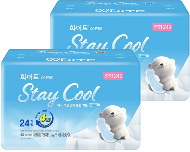 화이트 스테이쿨 생리대 날개형, 중형, 24개입, 2세트