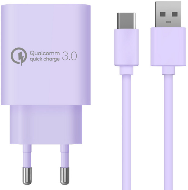 홈플래닛 퀄컴 공식인증 QC3.0 18W 고속충전기 + C타입 충전케이블 1.2m 세트, 퍼플, 1개
