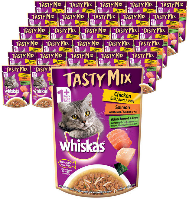 위스카스 어덜트 고양이 테이스티 믹스 습식사료, 닭+연어, 70g, 28개