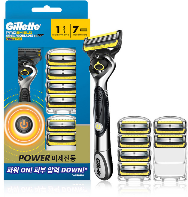 질레트 정품 프로쉴드 옐로우 파워 면도기세트, 면도날 7p, 1세트