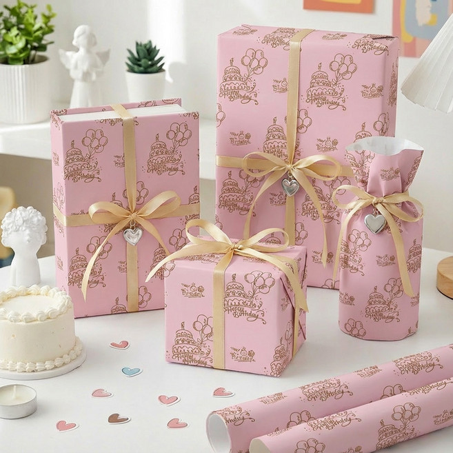 리드홈 고급 생일 선물 롤 종이 포장지 대형 700 x 1000 mm, 생일파티핑크, 3개