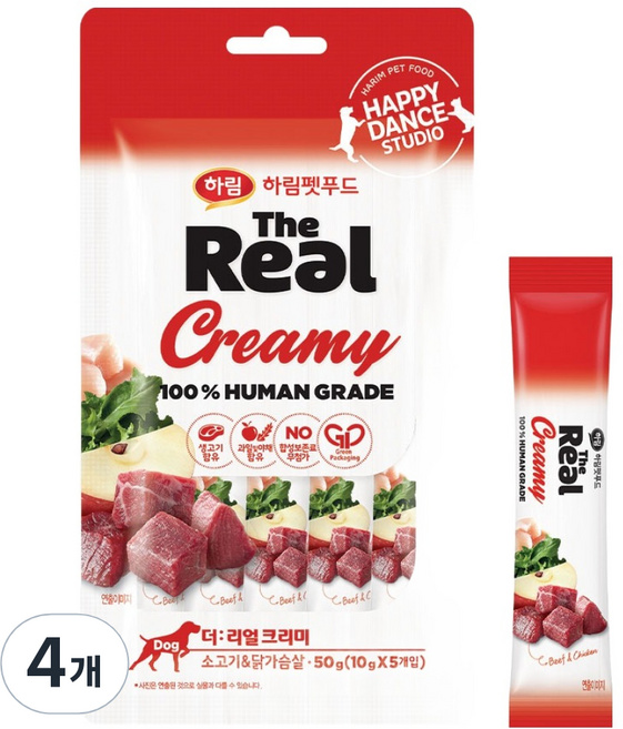 하림펫푸드 강아지 더리얼 크리미 짜먹는 간식, 소고기/닭가슴살, 50g, 4개