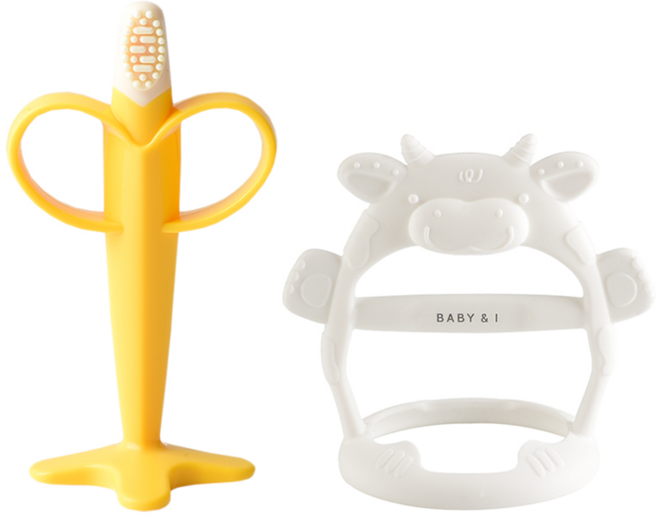 BABY&I 造型固齒器+手腕穿握型固齒器 附收納盒 3個月以上, 固齒器 + 收納盒, 香蕉 + 白色小牛, 1組