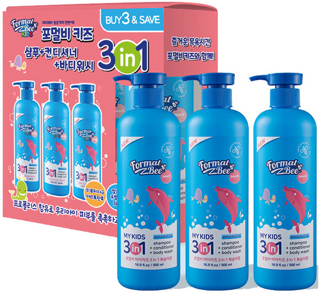 포멀비 키즈 3in1 유아 올인원 샴푸+컨디셔너+바디워시 복숭아향, 500ml, 3개