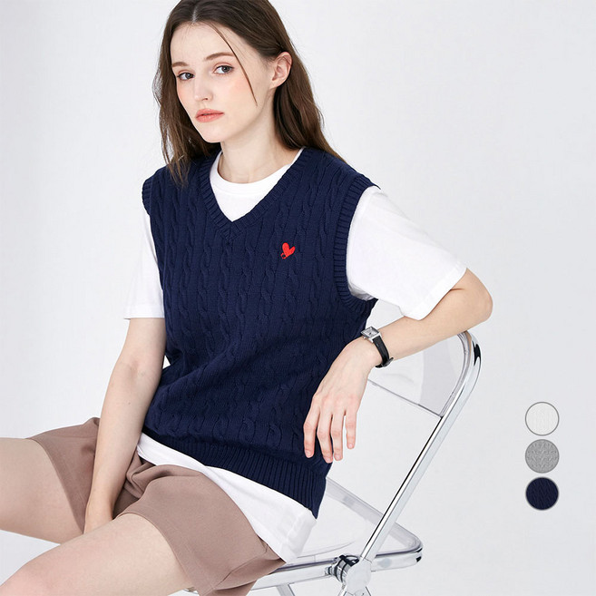 ELLE PARIS 여성용 루즈핏 자수 로고 브이넥 니트 베스트