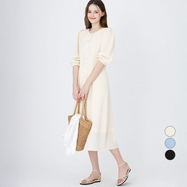 ELLE PARIS 여성용 7부 소매 시어서커 셔링 드레스