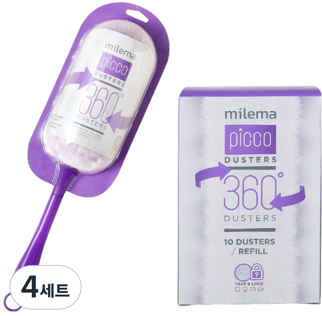 밀레마 피코 더스터 360 양면 흡착 먼지털이 퍼플 숏핸들 + 리필 13p 세트, 4세트