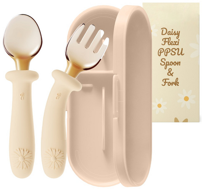 티지엠 데이지 플렉시 PPSU 자기주도 이유식 휘어지는 각도 조절 스푼 포크 케이스 세트, 크림버터, 1세트