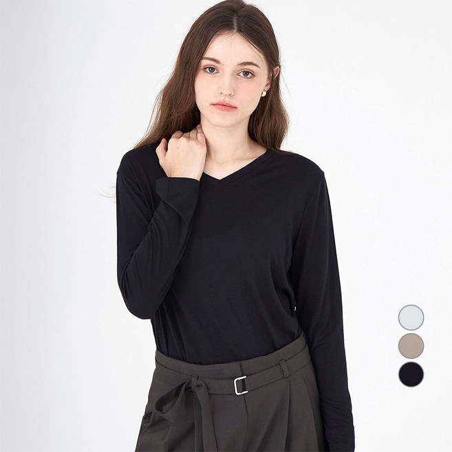 ELLE PARIS 여성용 레이온 브이넥 긴팔 티셔츠