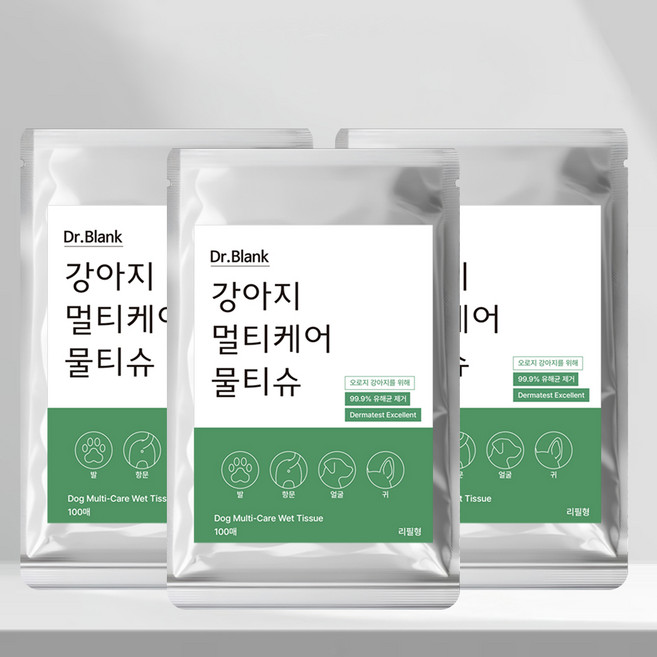 닥터블랭크 강아지 멀티케어 산책 물티슈 리필용, 3개, 100개입