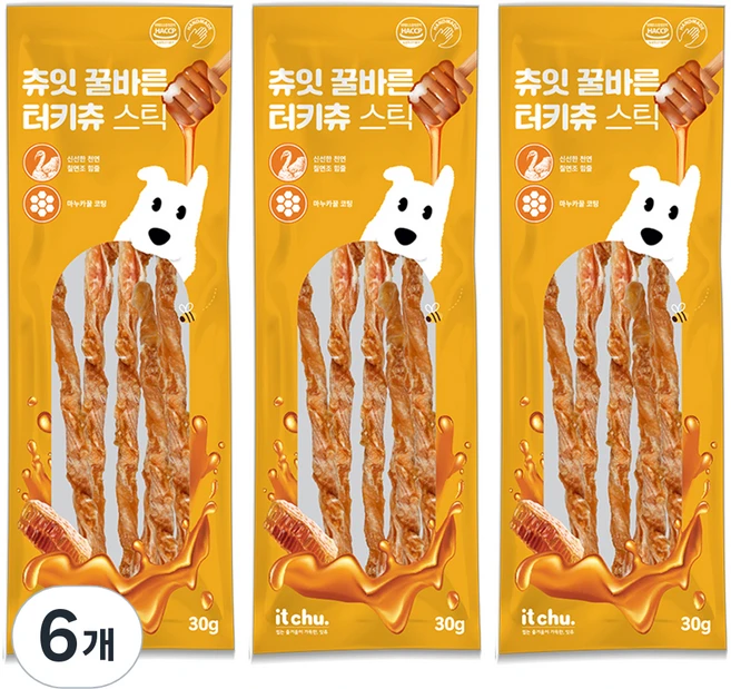잇츄 강아지 츄잇 꿀바른 터키츄 스틱, 혼합맛(칠면조/마누카꿀), 30g, 6개 - 쿠팡