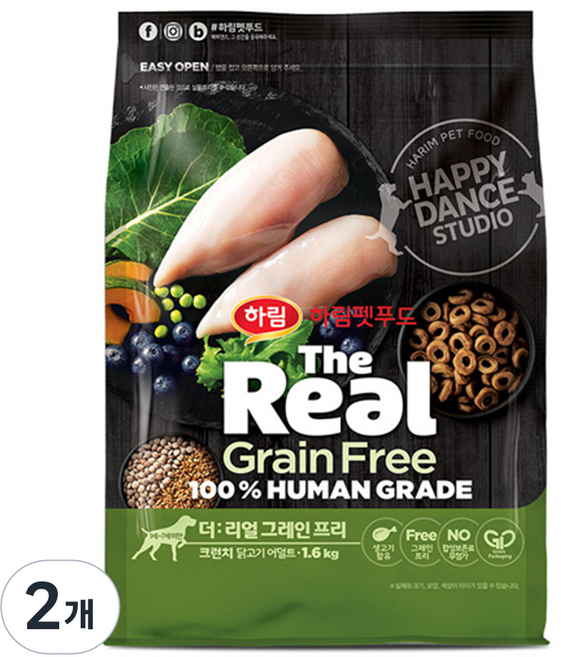 하림펫푸드 어덜트 강아지 더리얼 그레인프리 크런치 건식사료, 닭, 1.6kg, 2개