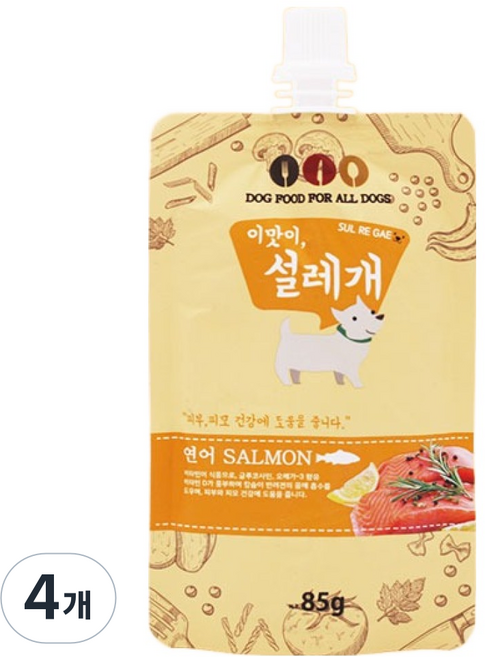 헬로도기 강아지 설레개 짜먹는 간식 파우치, 85g, 연어, 4개