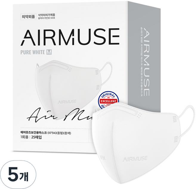 에어뮤즈 보건용 마스크 중형 KF94, 25개입, 5개, 화이트