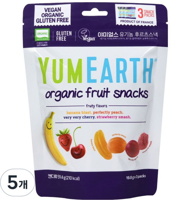 야미얼스 유기농 후르츠 스낵 젤리 3p, 혼합맛(바나나/체리/딸기/복숭아), 59.4g, 5개