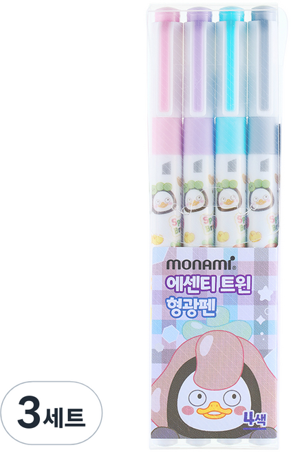 모나미 펭수 트윈 형광펜 프레시에어 4색 세트, 파스텔핑크 + 파스텔퍼플 + 파스텔블루 + 쿨그레이2, 3세트