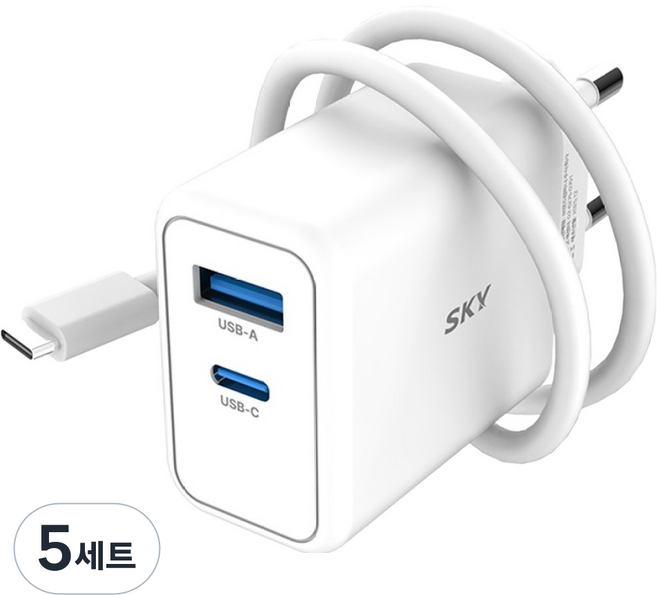 SKY 필 GaN 25W 초고속 충전기 + USB C to C 40W 충전 케이블, 화이트, 5세트