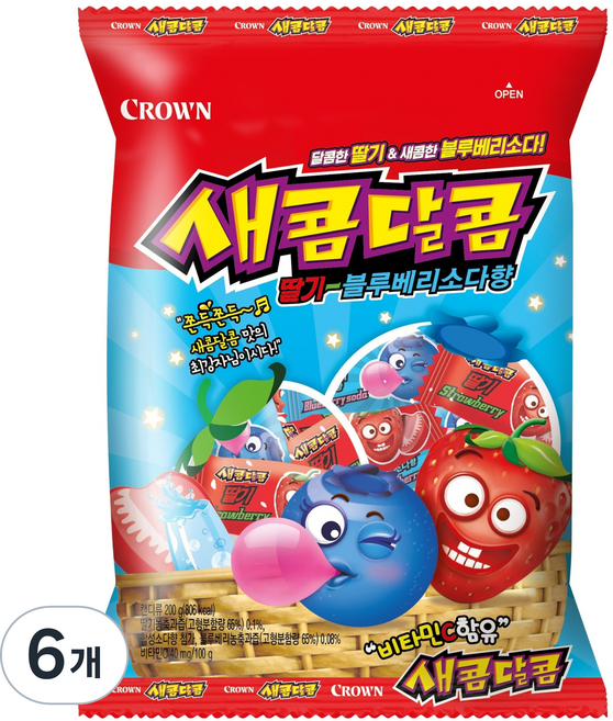 크라운 새콤달콤 딸기 블루베리소다, 200g, 6개