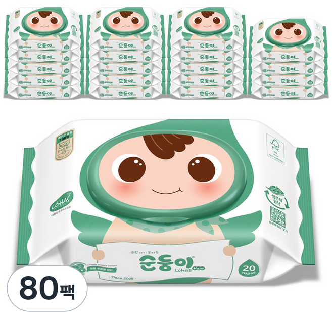 순둥이 로하스 물티슈 휴대캡형 75평량, 75g, 20매, 80세트