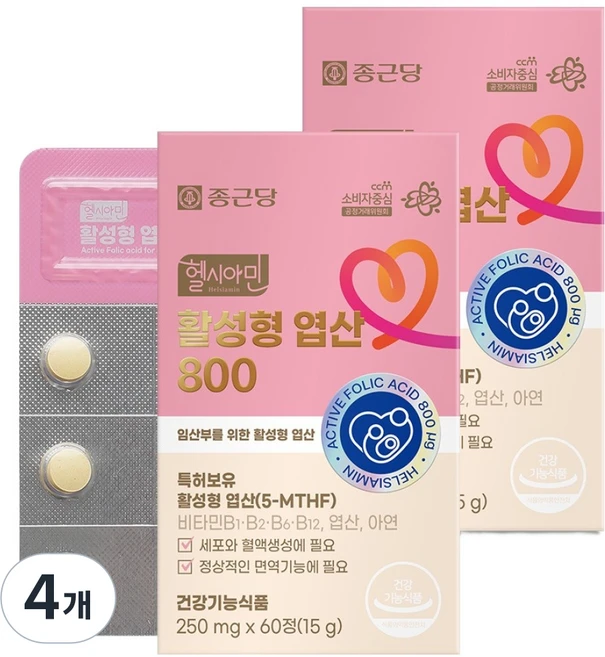 종근당 헬시아민 활성형 엽산 800, 60정, 4개 - 쿠팡