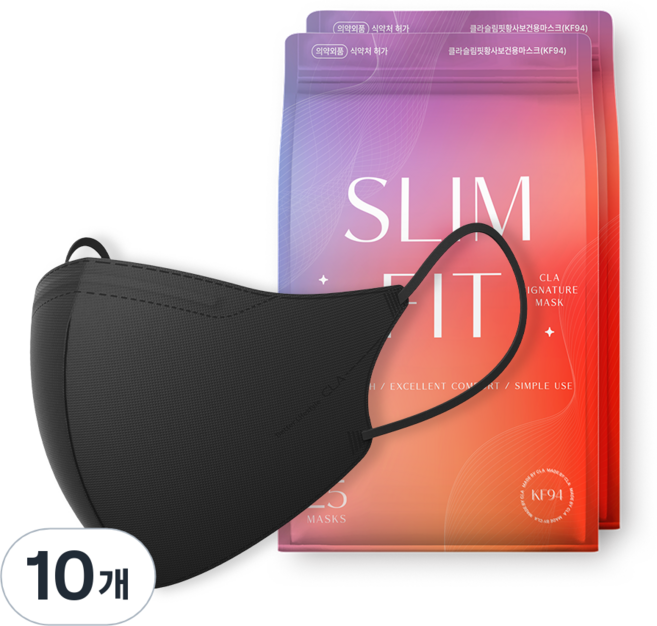 CLA 슬림핏 라이트패키지 보건용 컬러 새부리형 마스크 대형 KF94, 25개입, 10개, 블랙