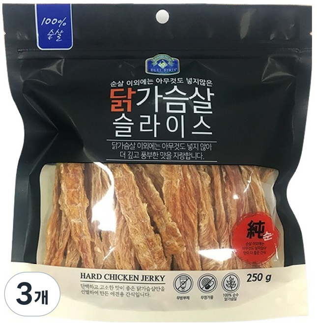 벨버드 순살 슬라이스 강아지 간식, 닭가슴살, 250g, 3개