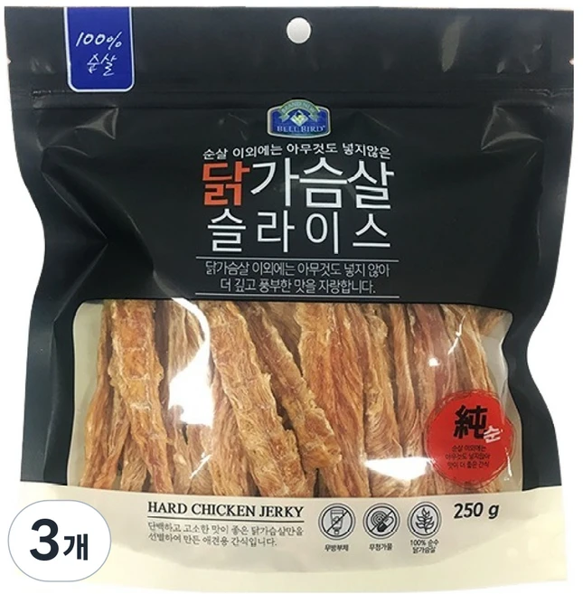 벨버드 순살 슬라이스 강아지 간식, 닭가슴살, 250g, 3개 - 쿠팡