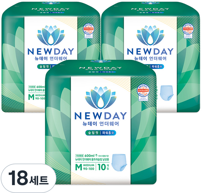 뉴데이 남성용 언더웨어 울트라슬림 성인기저귀, 중형, 10매입, 18세트