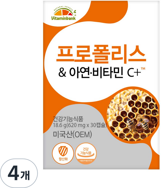 비타민뱅크 프로폴리스 아연 비타민C+ 18.6g, 30정, 4개