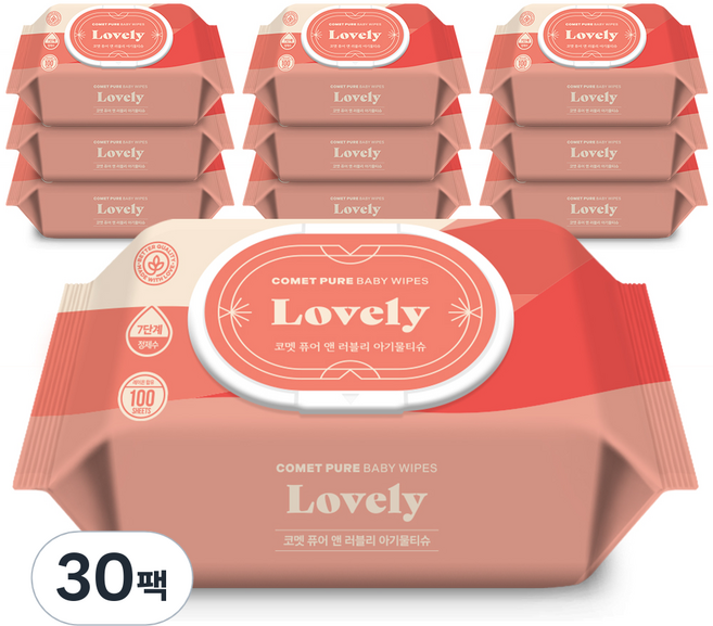 코멧 퓨어 러블리 아기물티슈 캡형 50gsm, 100개입, 30개