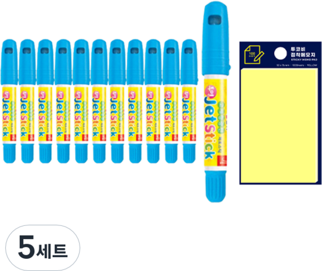 동아 고체형광펜 제트스틱 12p + 투코비 스티키 메모패드 세트, 하늘(제트스틱), 노랑(포스트인), 5세트