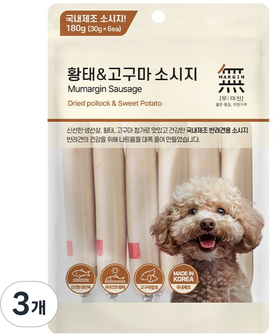 바우와우 무마진 강아지 소시지 부드러운 간식 6p, 3개, 180g, 혼합맛(황태/고구마)